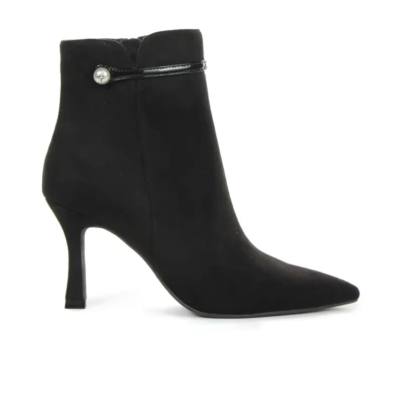Stivaletti neri a punta con tacco e cinturino con perla
