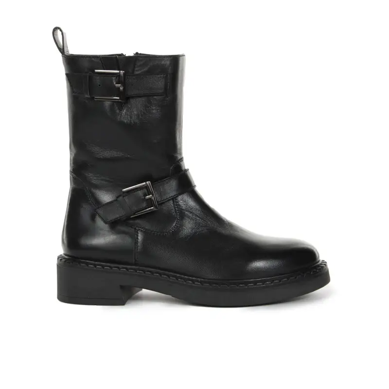 Stivaletti neri bassi in pelle con fibbie e gambale alto