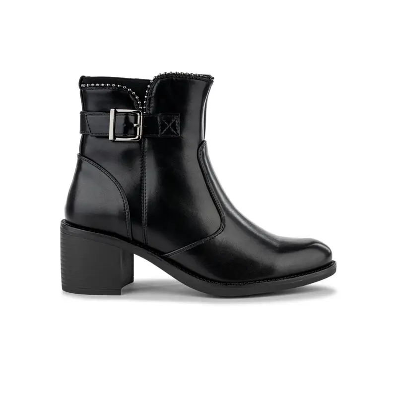 Stivaletti neri da donna con tacco basso largo e fibbia