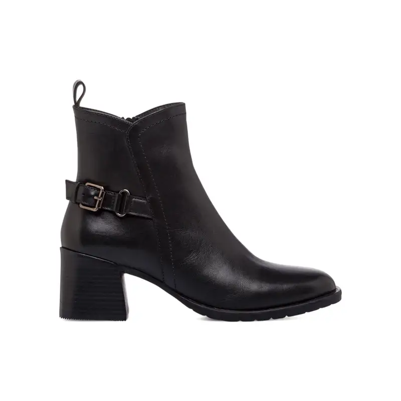 Stivaletti neri da donna in pelle con tacco medio largo e fibbia