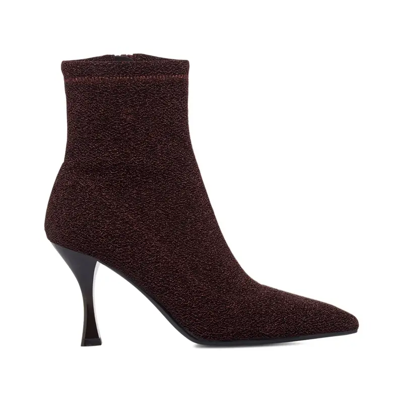 Stivaletti rossi da donna a punta con tacco alto a rocchetto in tessuto glitterato