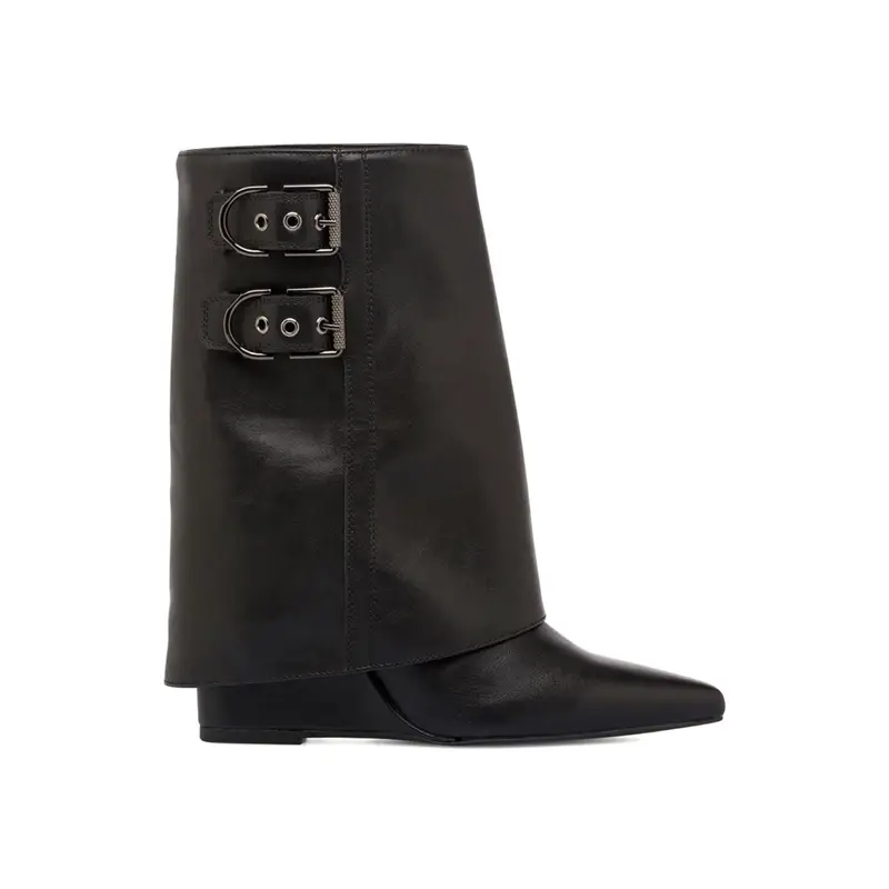 Stivaletti texani neri a punta da donna con zeppa e gambale maxi risvolto con fibbie