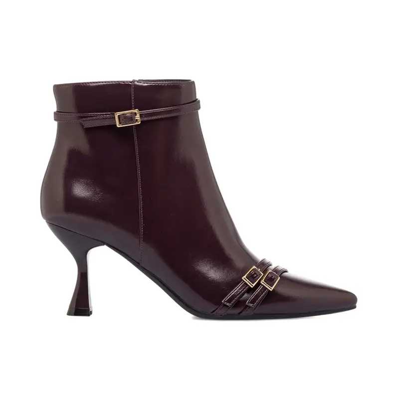 Stivaletti viola da donna a punta con cinturini e tacco alto a rocchetto