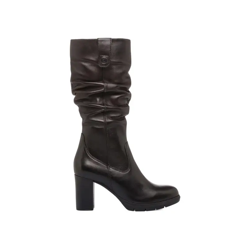 Stivali neri da donna in pelle con tacco alto e gambale arricciato