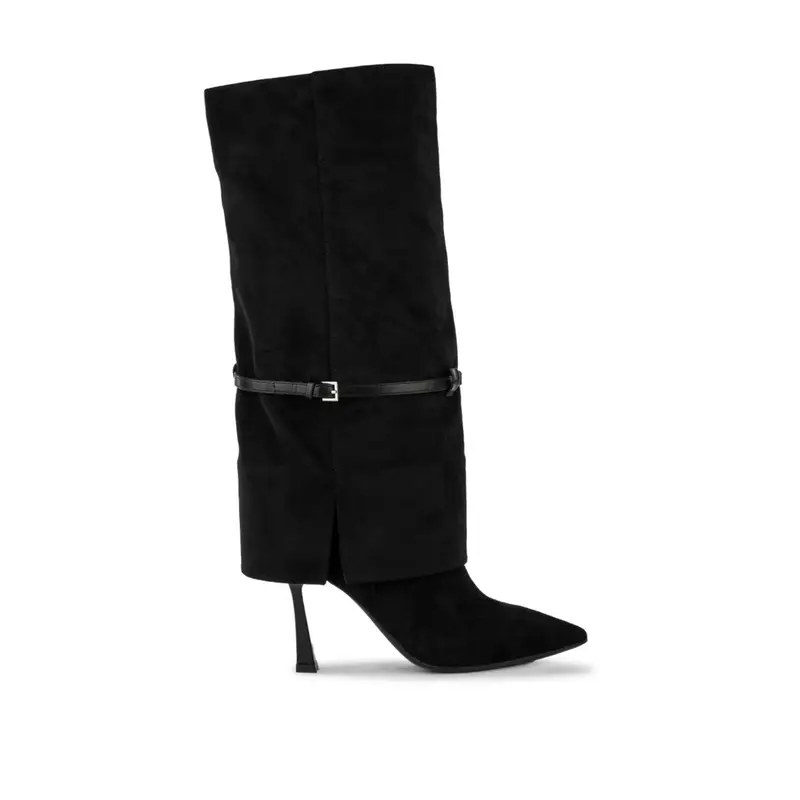 Stivali neri eleganti a punta da donna con tacco alto a spillo e gambale con maxi risvolto