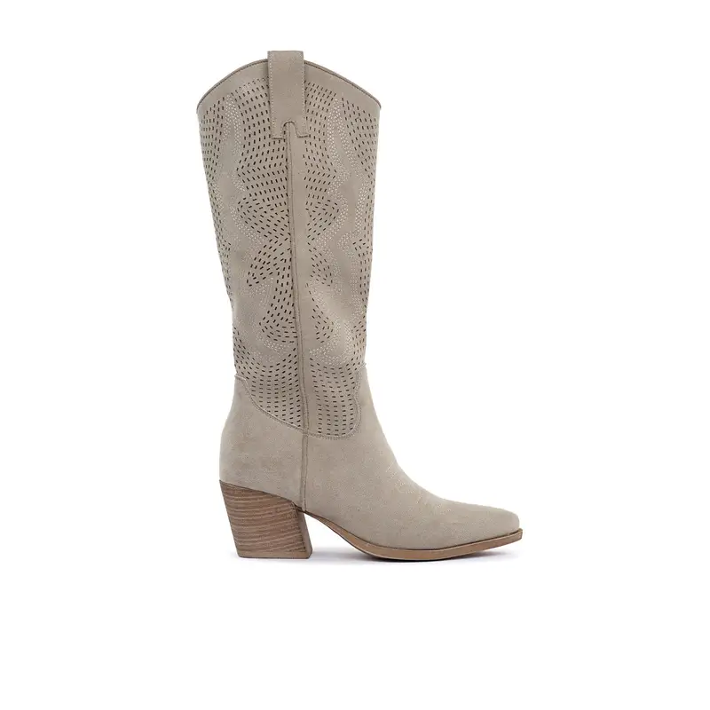 Stivali texani beige con tacco e gambale traforato