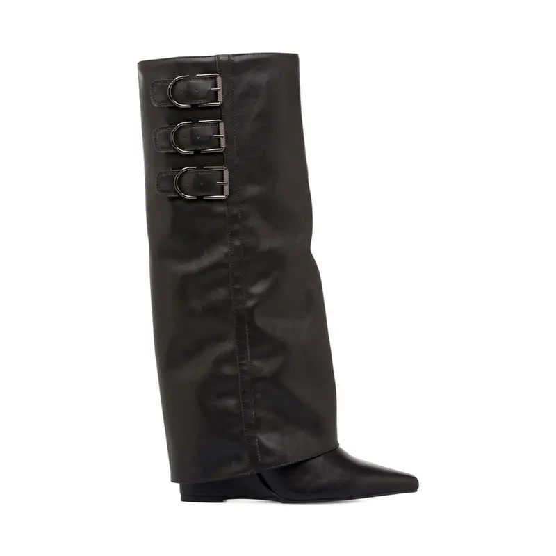 Stivali texani neri a punta da donna con zeppa e gambale maxi risvolto con fibbie