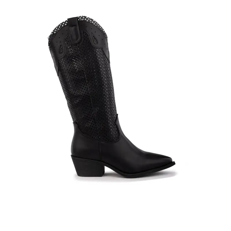 Stivali texani neri con gambale traforato e tacco