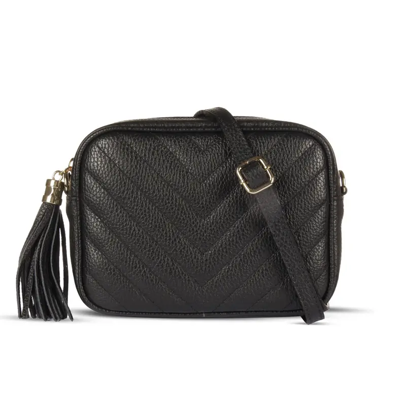 Tracolla regolabile nera in pelle trapuntata e dettaglio nappino