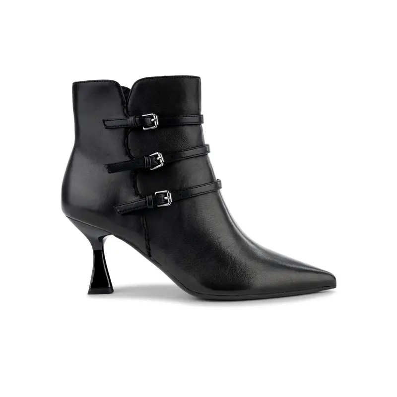 Tronchetti eleganti neri in pelle da donna con tacco alto a rocchetto e cinturini