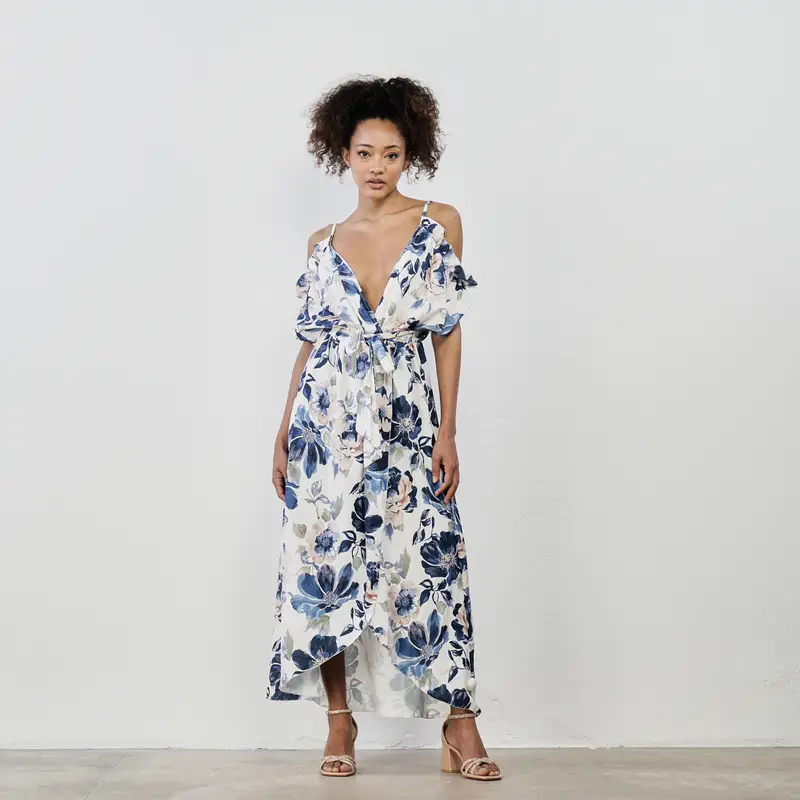 Vestito blu lungo senza maniche stampa floreale