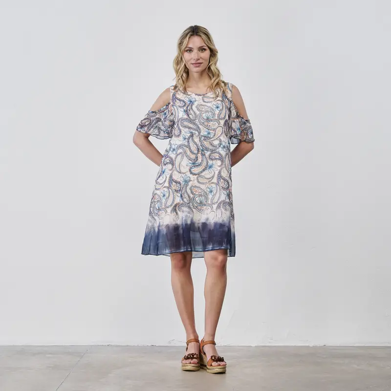 Vestito corto azzurro e bianco da donna in stampa paisley