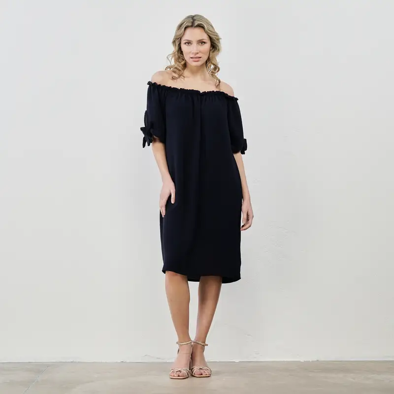 Vestito corto blu con scollo arricciato