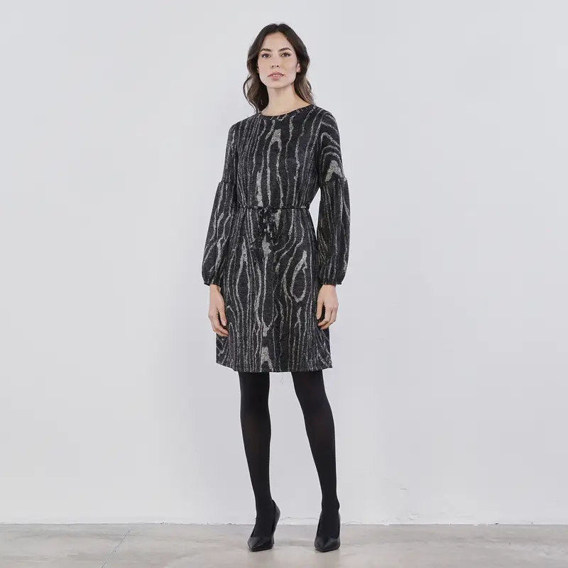 Vestito corto grigio animalier da donna con maniche lunghe e laccio in vita