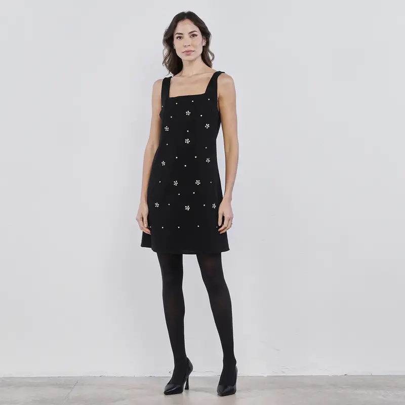 Vestito corto nero da donna senza maniche con pietre gioiello