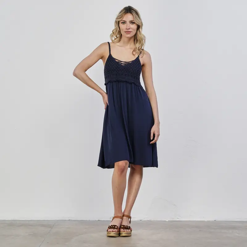 Vestito mare blu corto da donna con inserto effetto crochet