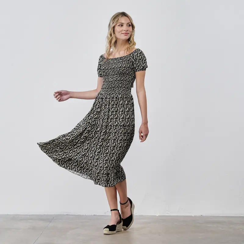 Vestito midi nero e bianco da donna con stampa micro fiori