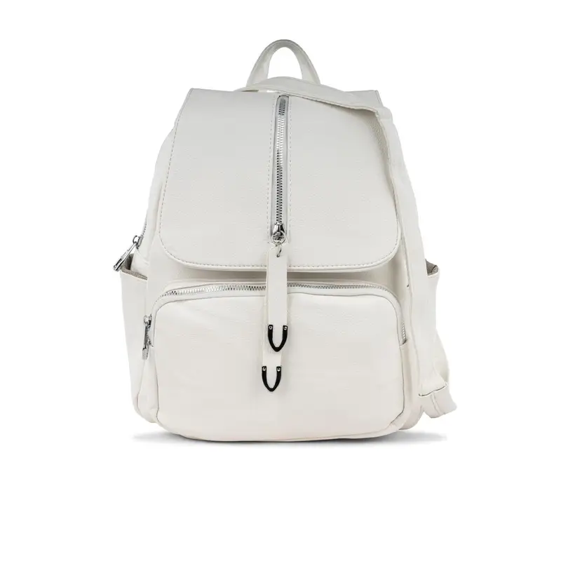 Zaino bianco da donna con tascone frontale e zip