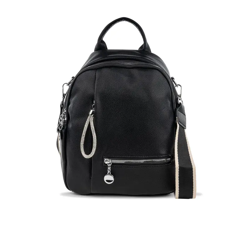 Zaino nero da donna con spallacci in tessuto e doppia tasca con zip