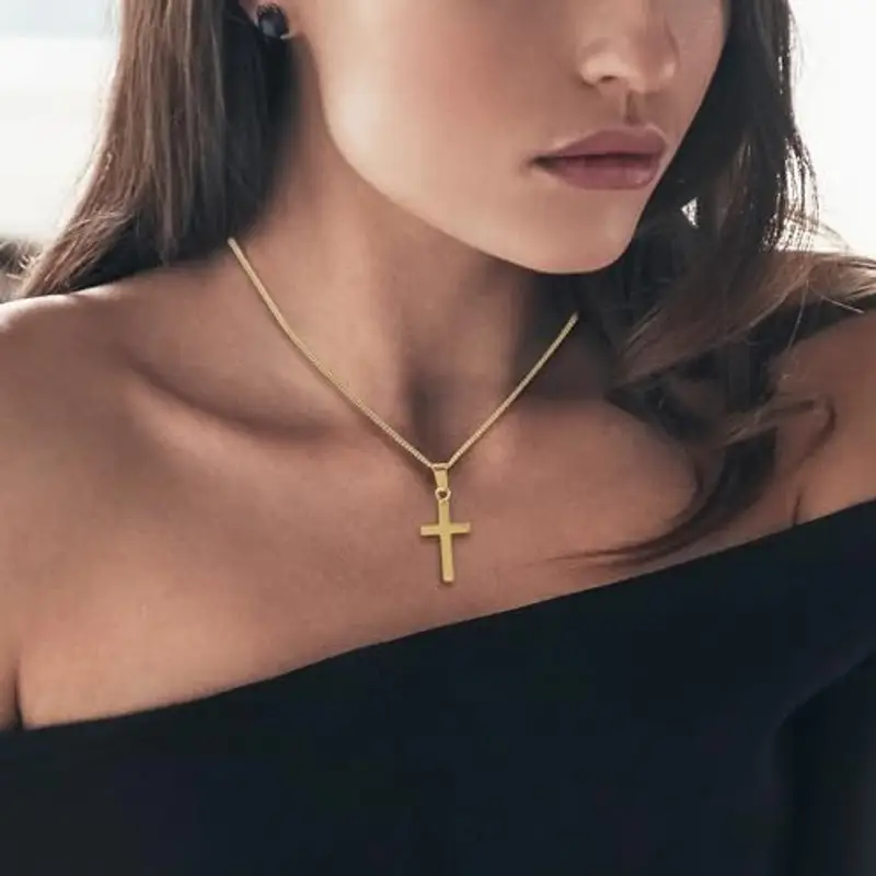 ALEXCRAFT Collana Croce Donna Uomo Oro 14K Placcato Acciaio Ciondolo Cristiana Gioielli Crocifisso Collanina Cattolico Pendente miniatura 3