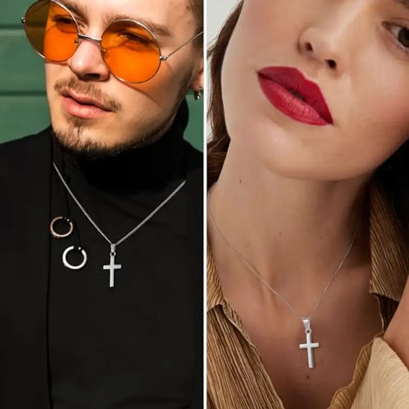 ALEXCRAFT Collana Croce Uomo Donna in Argento Acciaio - Catenina Cattolica con Pendente Crocifisso - Gioielli Unisex miniatura 2