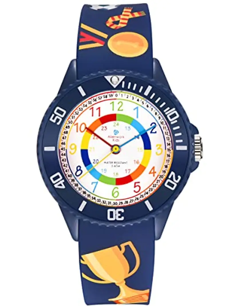 Alienwork Calcio Ragazzi Orologio di Apprendimento Bambini Ragazzi Ragazze Blu Marino Bracciale in Silicone Multicolore