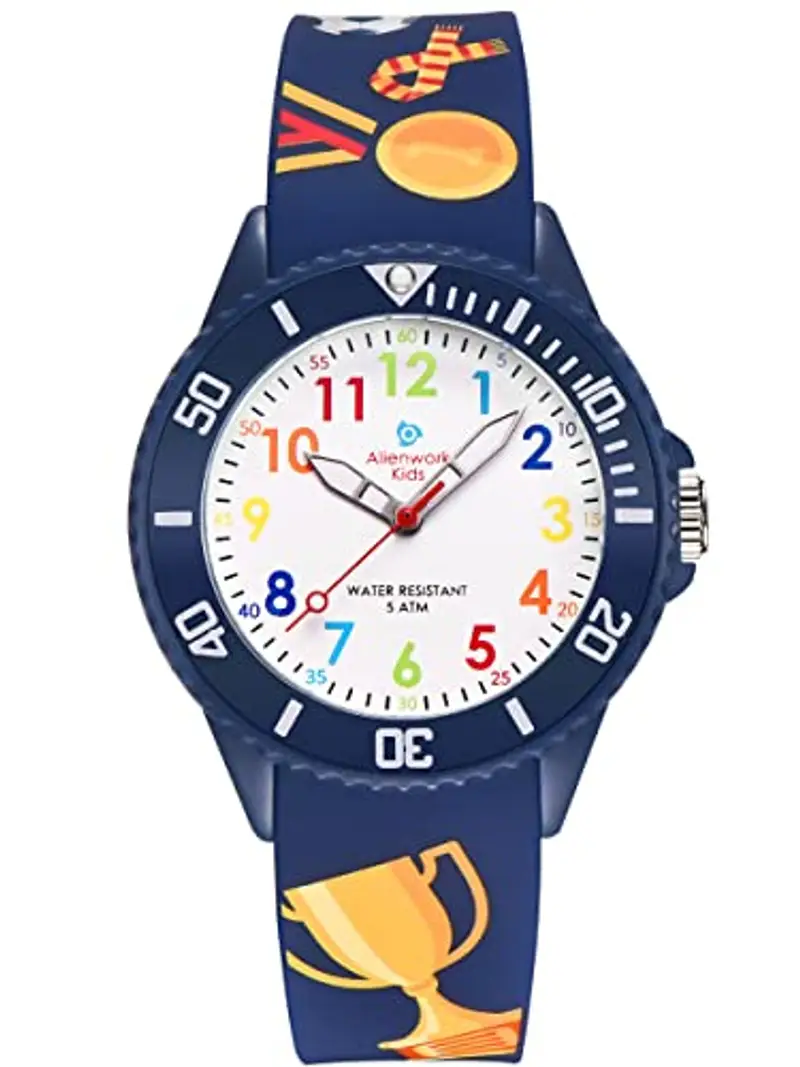 Alienwork Calcio Ragazzi Orologio di Apprendimento Bambini Ragazzi Ragazze Blu Marino Bracciale in Silicone Multicolore bambini Impermeabile 5 ATM Tempo di Apprendimento