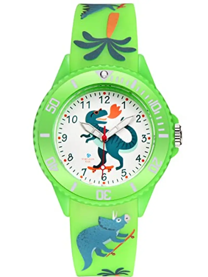 Alienwork Kids Dino T-Rex Orologio di Apprendimento Bambini Ragazzi Ragazze Verde Bracciale in Silicone bambini Impermeabile 5 ATM Tempo di Apprendimento