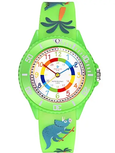 Alienwork Kids Dino T-Rex Orologio di Apprendimento Bambini Ragazzi Ragazze Verde Bracciale in Silicone Multicolore