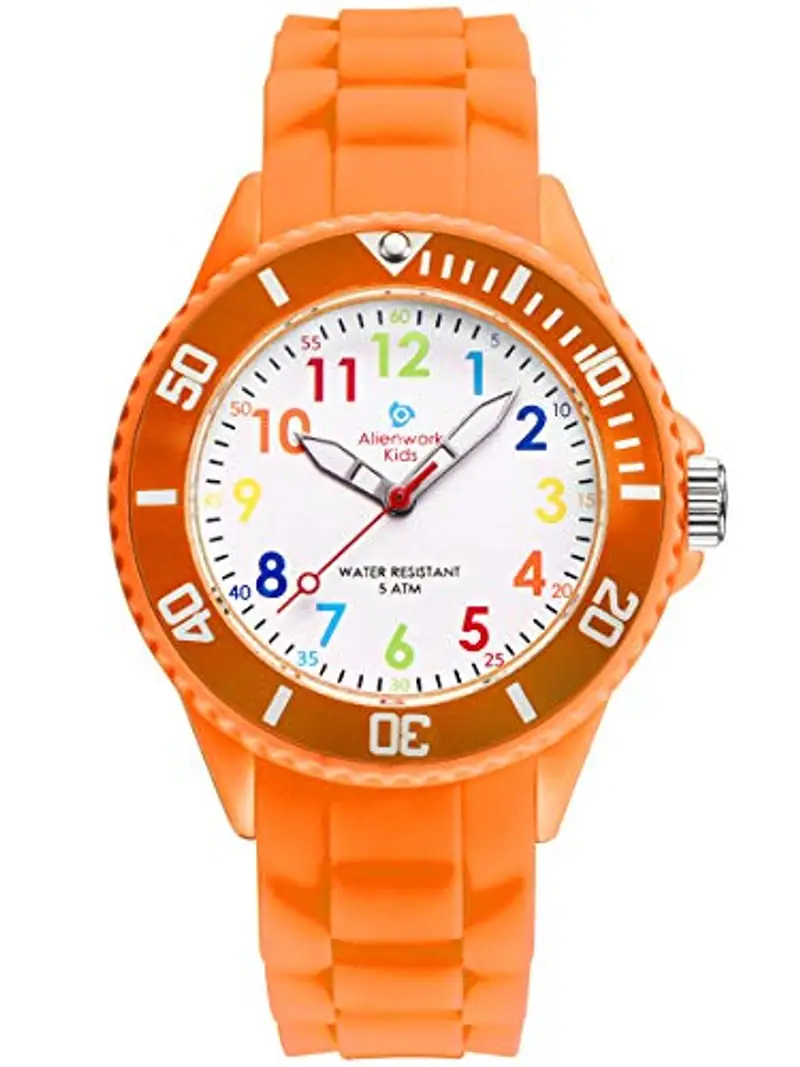 Alienwork Kids Orologio di Apprendimento Bambini Ragazze Arancione Bracciale in Silicone Multicolore bambini Impermeabile 5 ATM Tempo di Apprendimento
