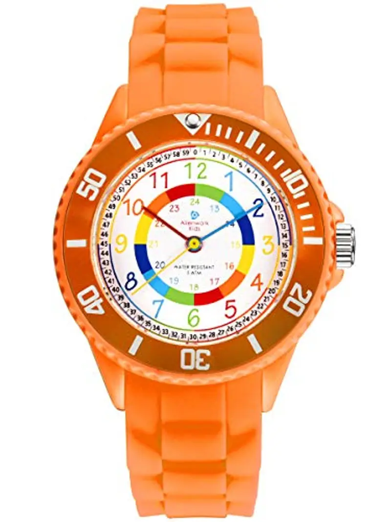 Alienwork Kids Orologio di Apprendimento Bambini Ragazze Arancione Bracciale in Silicone Multicolore bambini Impermeabile 5 ATM Tempo di Apprendimento