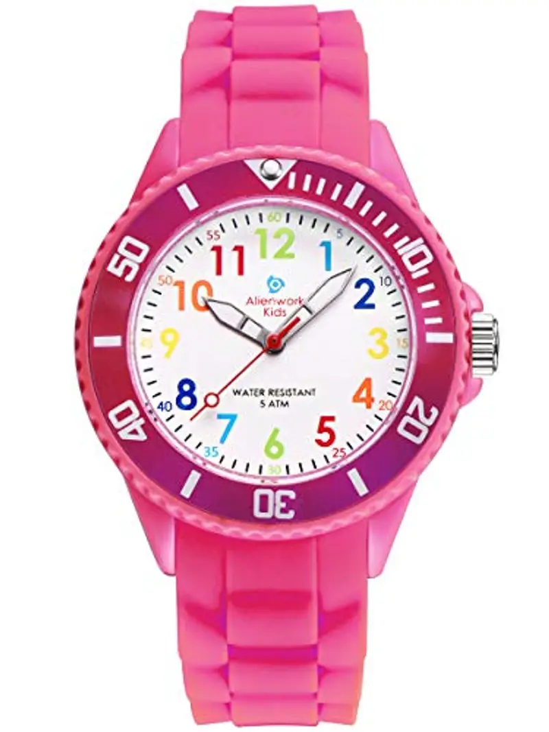 Alienwork Kids Orologio di Apprendimento Bambini Ragazze Rosa Bracciale in Silicone Multicolore bambini Impermeabile 5 ATM Tempo di Apprendimento