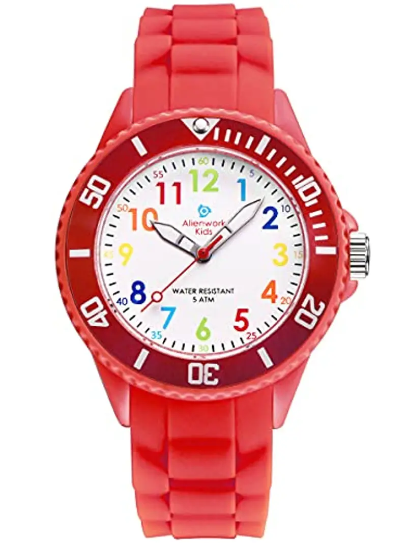 Alienwork Kids Orologio di Apprendimento Bambini Ragazze Rosso Bracciale in Silicone Multicolore bambini Impermeabile 5 ATM Tempo di Apprendimento