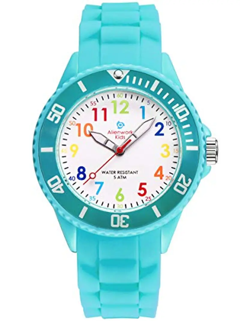 Alienwork Kids Orologio di Apprendimento Bambini Ragazze Turchese Bracciale in Silicone Multicolore bambini Impermeabile 5 ATM Tempo di Apprendimento