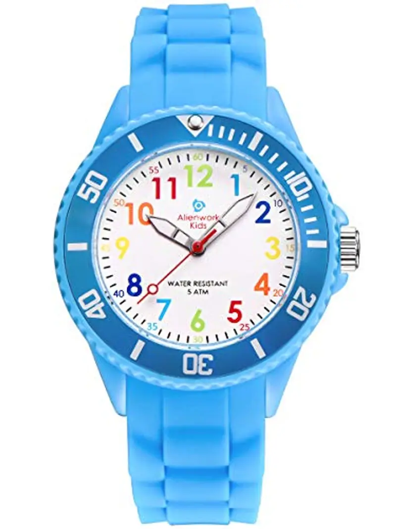 Alienwork Kids Orologio di Apprendimento Bambini Ragazzi Ragazze Blu Chiaro Bracciale in Silicone Multicolore bambini Impermeabile 5 ATM Tempo di Apprendimento