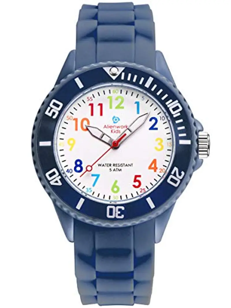 Alienwork Kids Orologio di Apprendimento Bambini Ragazzi Ragazze Blu Marino Bracciale in Silicone Multicolore bambini Impermeabile 5 ATM Tempo di Apprendimento