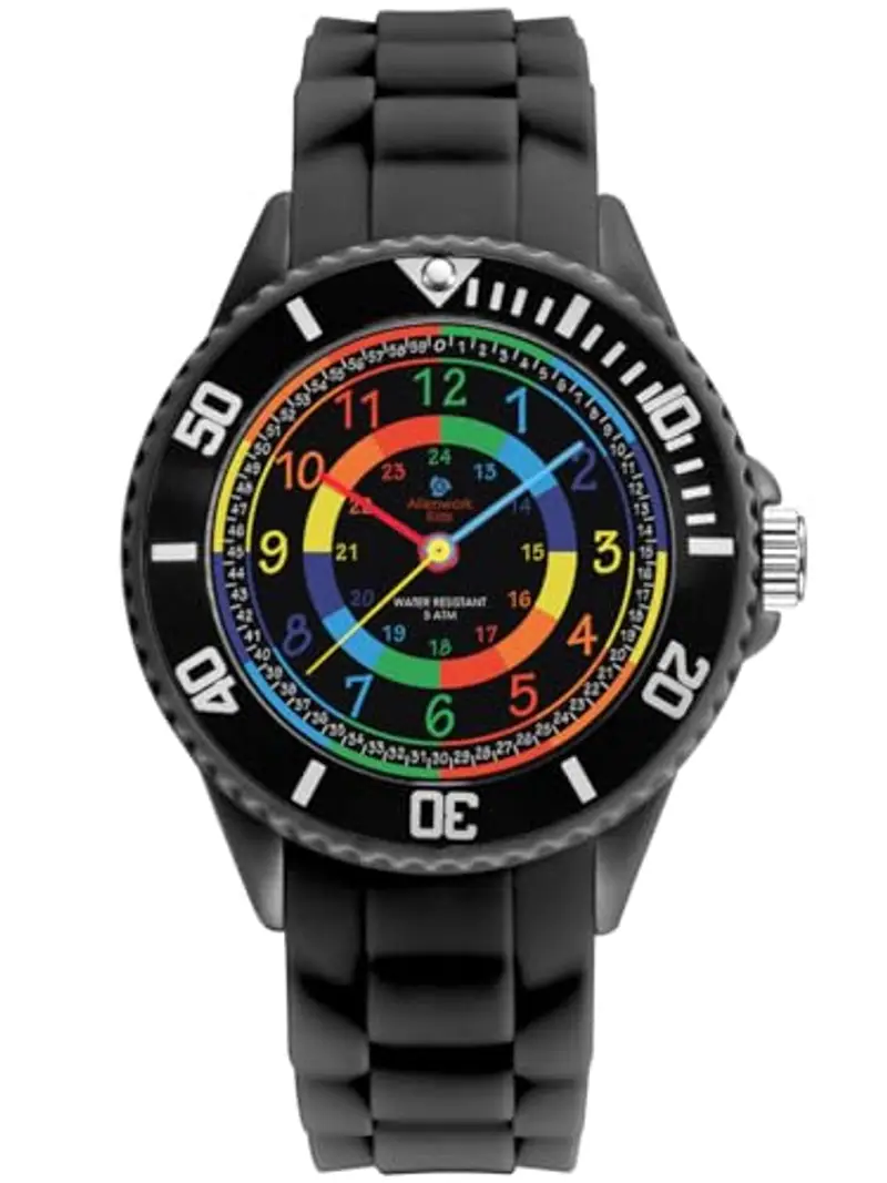 Alienwork Kids Orologio di Apprendimento Bambini Ragazzi Ragazze Nero Bracciale in Silicone Multicolore bambini Impermeabile 5 ATM Tempo di Apprendimento