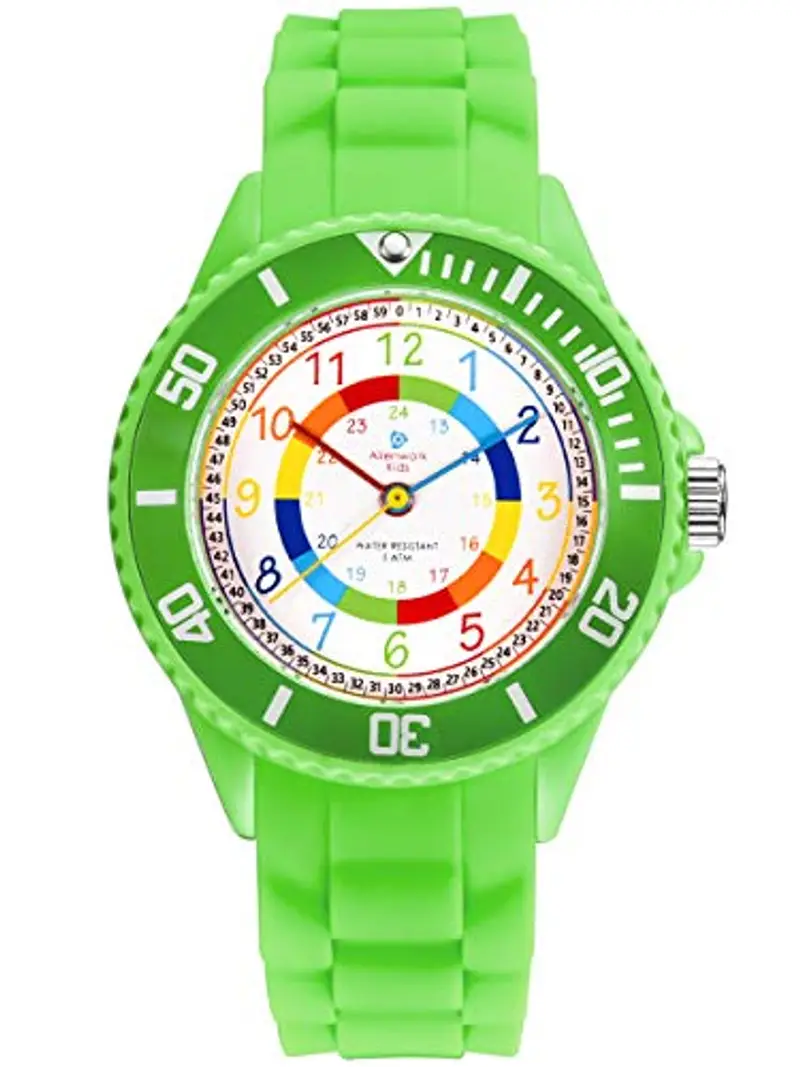 Alienwork Kids Orologio di Apprendimento Bambini Ragazzi Ragazze Verde Bracciale in Silicone Multicolore bambini Impermeabile 5 ATM Tempo di Apprendimento