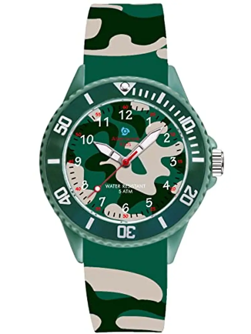 Alienwork Kids Orologio di Apprendimento Bambini Ragazzi Ragazze Verde esercito Bracciale in Silicone Camouflage bambini Impermeabile 5 ATM Tempo di Apprendimento