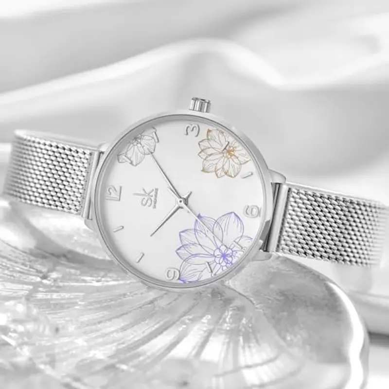 Alienwork Orologio Donna Argento Cinturino in Maglia Metallo Bianco Elegante miniatura 3