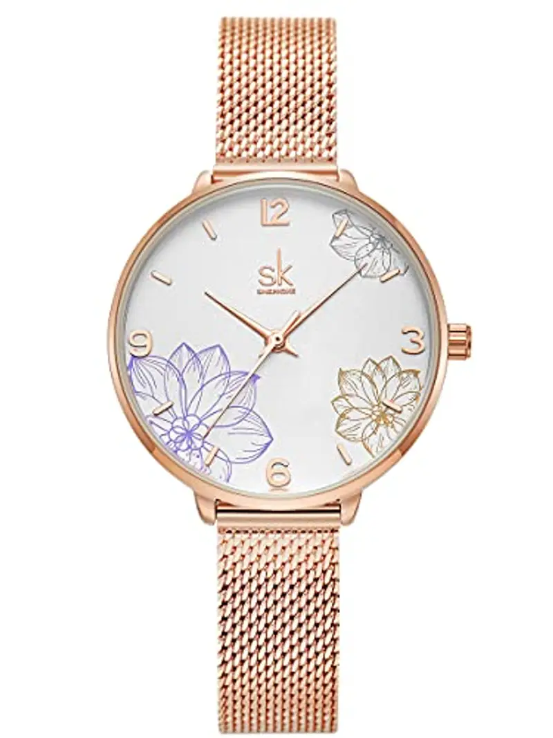 Alienwork Orologio Donna Oro rosa Cinturino in Maglia Metallo Bianco Elegante