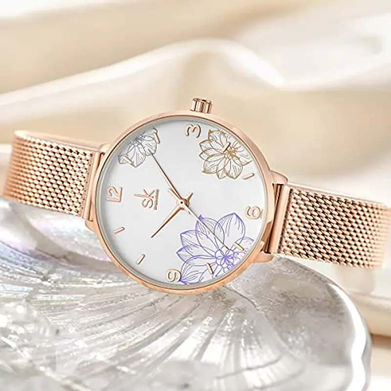 Alienwork Orologio Donna Oro rosa Cinturino in Maglia Metallo Bianco Elegante miniatura 3