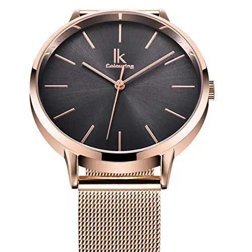 Alienwork Orologio Donna Oro rosa Cinturino in Maglia Metallo Grigio Ultra Sottile miniatura 3