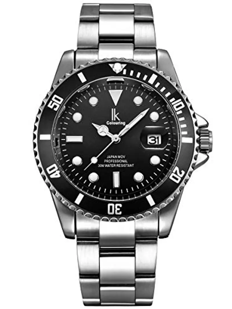 Alienwork Orologio Uomo Donna Argento Bracciale in Acciaio Calendario Data Nero Elegante