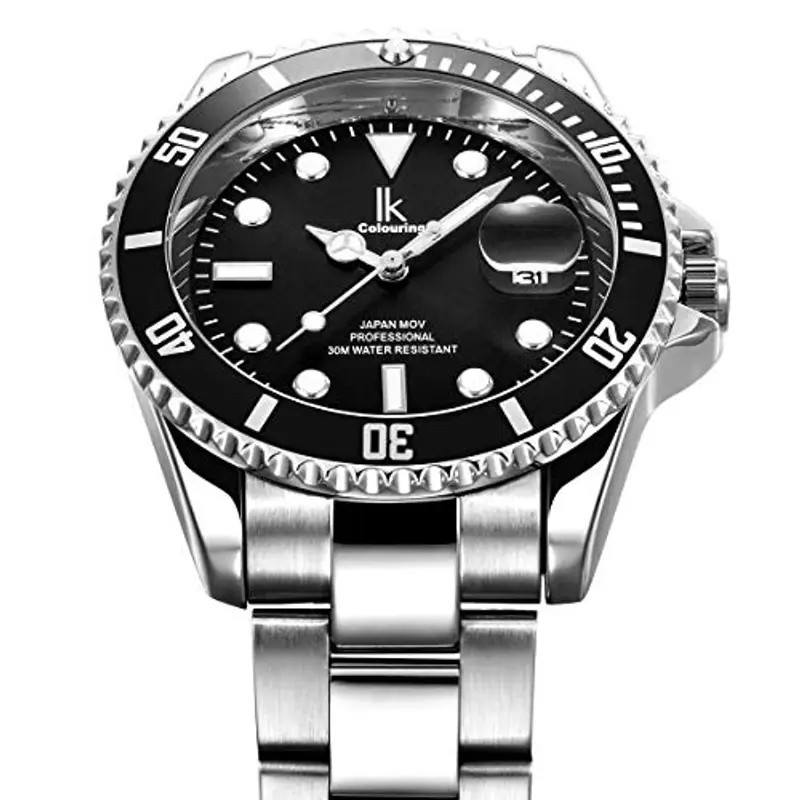 Alienwork Orologio Uomo Donna Argento Bracciale in Acciaio Calendario Data Nero Elegante miniatura 2