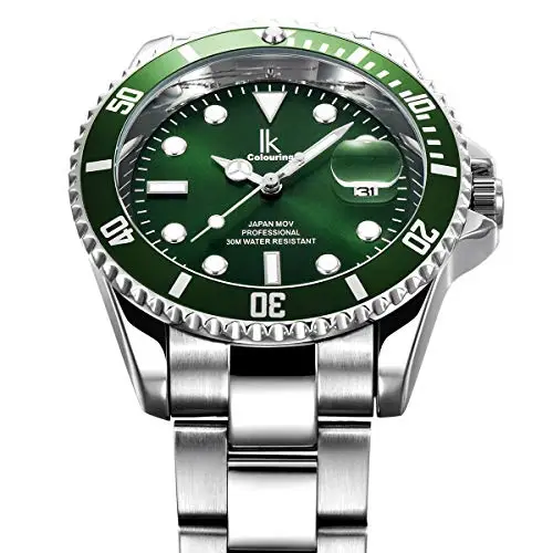 Alienwork Orologio Uomo Donna Argento Bracciale in Acciaio Calendario Data Verde Elegante miniatura 2
