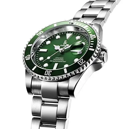 Alienwork Orologio Uomo Donna Argento Bracciale in Acciaio Calendario Data Verde Elegante miniatura 3