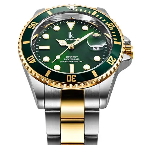 Alienwork Orologio Uomo Donna Argento Bracciale in Acciaio Oro Calendario Data Verde Elegante miniatura 2