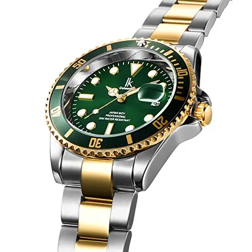 Alienwork Orologio Uomo Donna Argento Bracciale in Acciaio Oro Calendario Data Verde Elegante miniatura 3