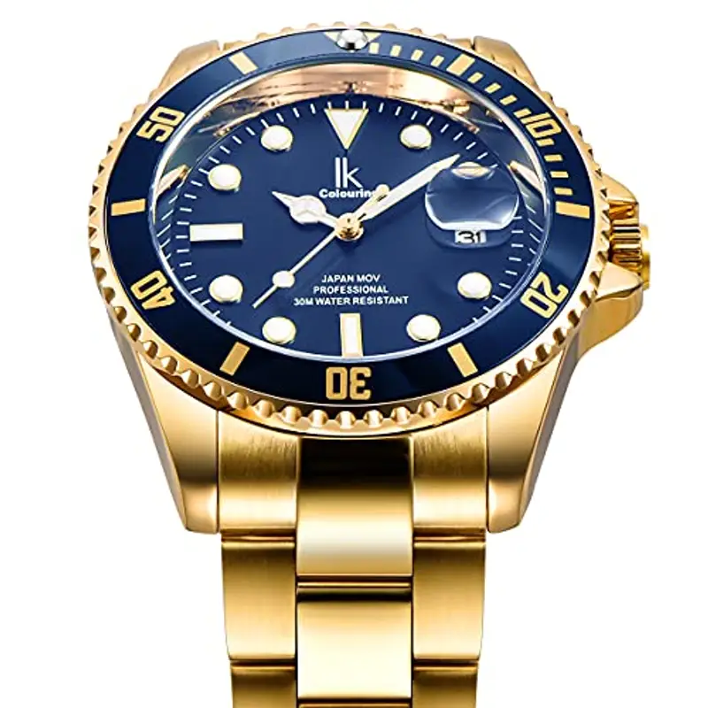 Alienwork Orologio Uomo Donna Oro Bracciale in Acciaio Calendario Data Blu Marino Classico Elegante miniatura 2